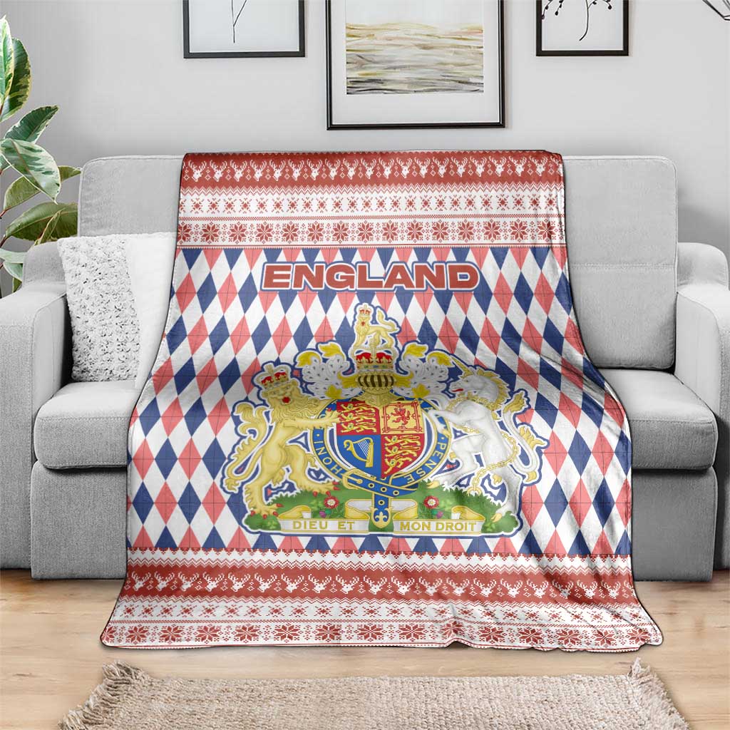 England Christmas Blanket with Red Blue White Diamond Pattern Santa and Coat of Arms - Wonder Print Shop