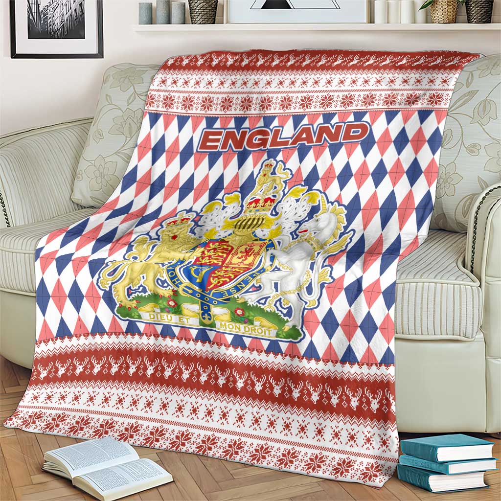 England Christmas Blanket with Red Blue White Diamond Pattern Santa and Coat of Arms - Wonder Print Shop