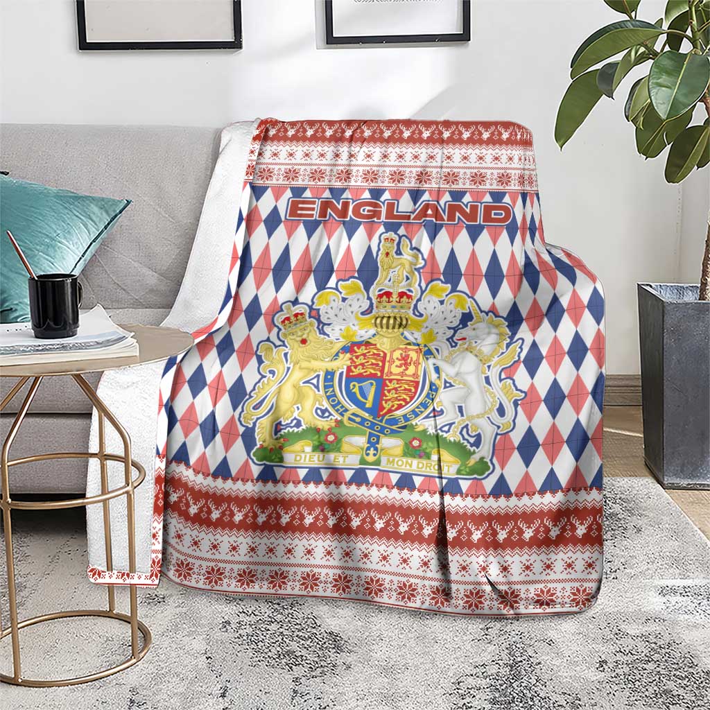 England Christmas Blanket with Red Blue White Diamond Pattern Santa and Coat of Arms - Wonder Print Shop