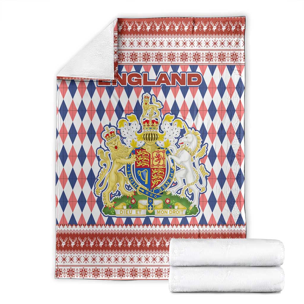 England Christmas Blanket with Red Blue White Diamond Pattern Santa and Coat of Arms - Wonder Print Shop