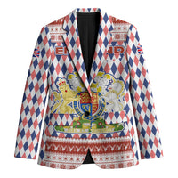 England Christmas Blazer with Red Blue White Diamond Pattern Santa and Coat of Arms - Wonder Print Shop