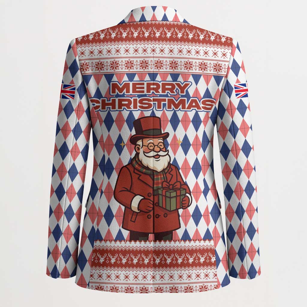 England Christmas Blazer with Red Blue White Diamond Pattern Santa and Coat of Arms - Wonder Print Shop