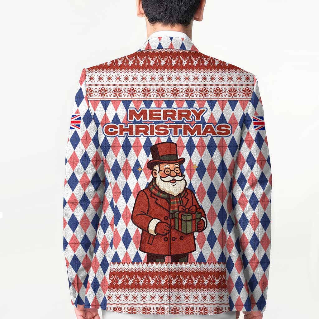 England Christmas Blazer with Red Blue White Diamond Pattern Santa and Coat of Arms - Wonder Print Shop