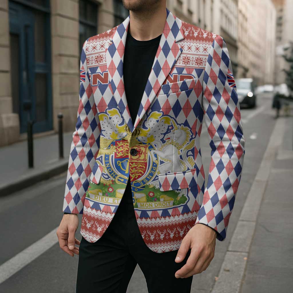 England Christmas Blazer with Red Blue White Diamond Pattern Santa and Coat of Arms - Wonder Print Shop