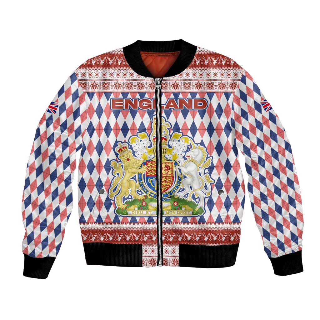 England Christmas Bomber Jacket with Red Blue White Diamond Pattern Santa and Coat of Arms - Wonder Print Shop