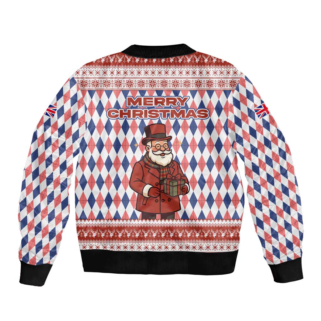 England Christmas Bomber Jacket with Red Blue White Diamond Pattern Santa and Coat of Arms - Wonder Print Shop