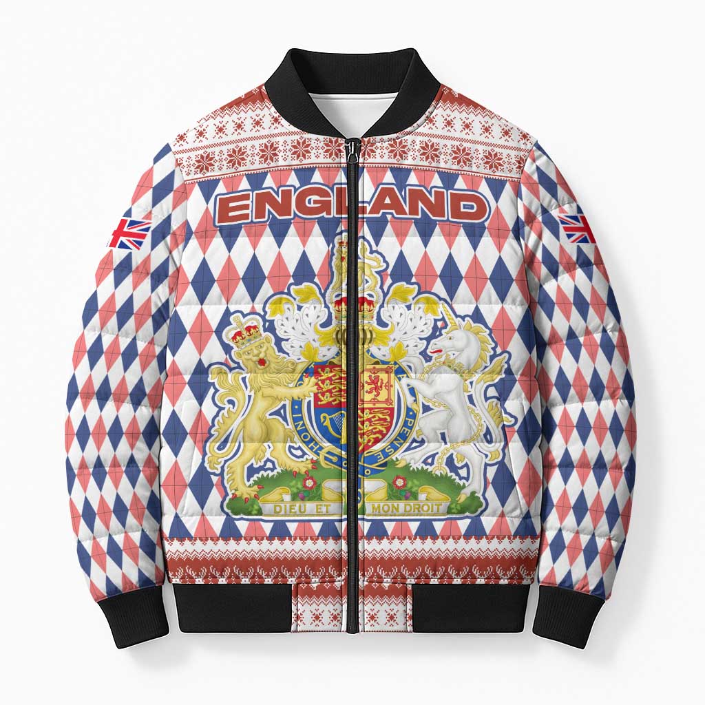 England Christmas Bomber Puffer Jacket with Red Blue White Diamond Pattern Santa and Coat of Arms - Wonder Print Shop