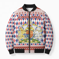 England Christmas Bomber Puffer Jacket with Red Blue White Diamond Pattern Santa and Coat of Arms - Wonder Print Shop