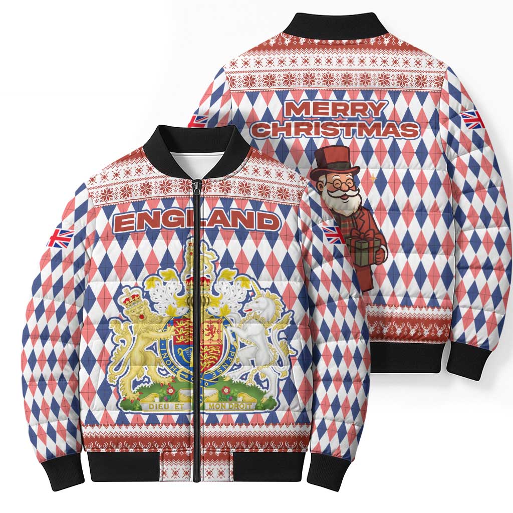 England Christmas Bomber Puffer Jacket with Red Blue White Diamond Pattern Santa and Coat of Arms - Wonder Print Shop