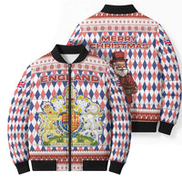 England Christmas Bomber Puffer Jacket with Red Blue White Diamond Pattern Santa and Coat of Arms - Wonder Print Shop