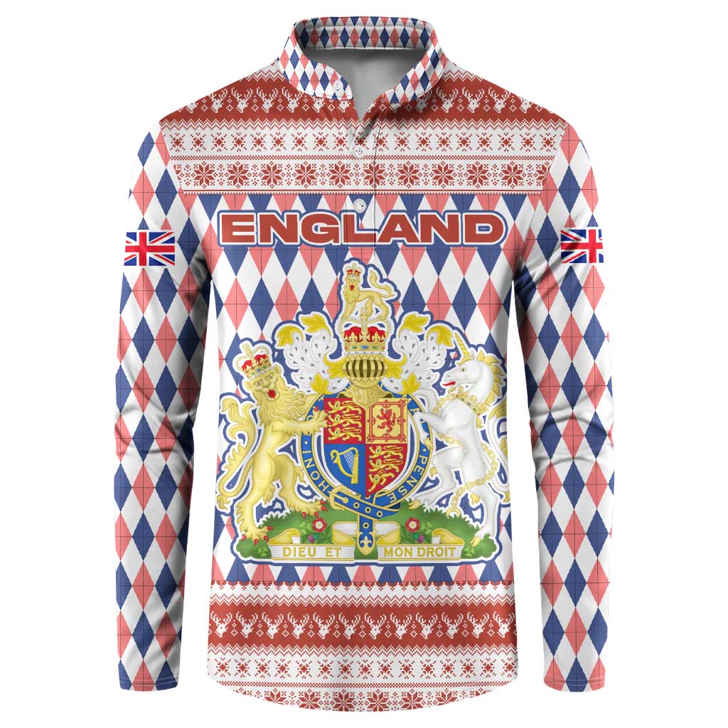 England Christmas Button Sweatshirt with Red Blue White Diamond Pattern Santa and Coat of Arms - Wonder Print Shop
