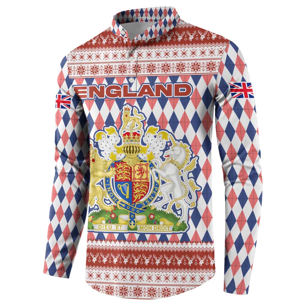 England Christmas Button Sweatshirt with Red Blue White Diamond Pattern Santa and Coat of Arms - Wonder Print Shop