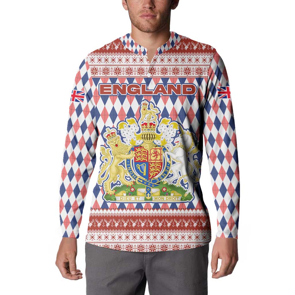 England Christmas Button Sweatshirt with Red Blue White Diamond Pattern Santa and Coat of Arms - Wonder Print Shop