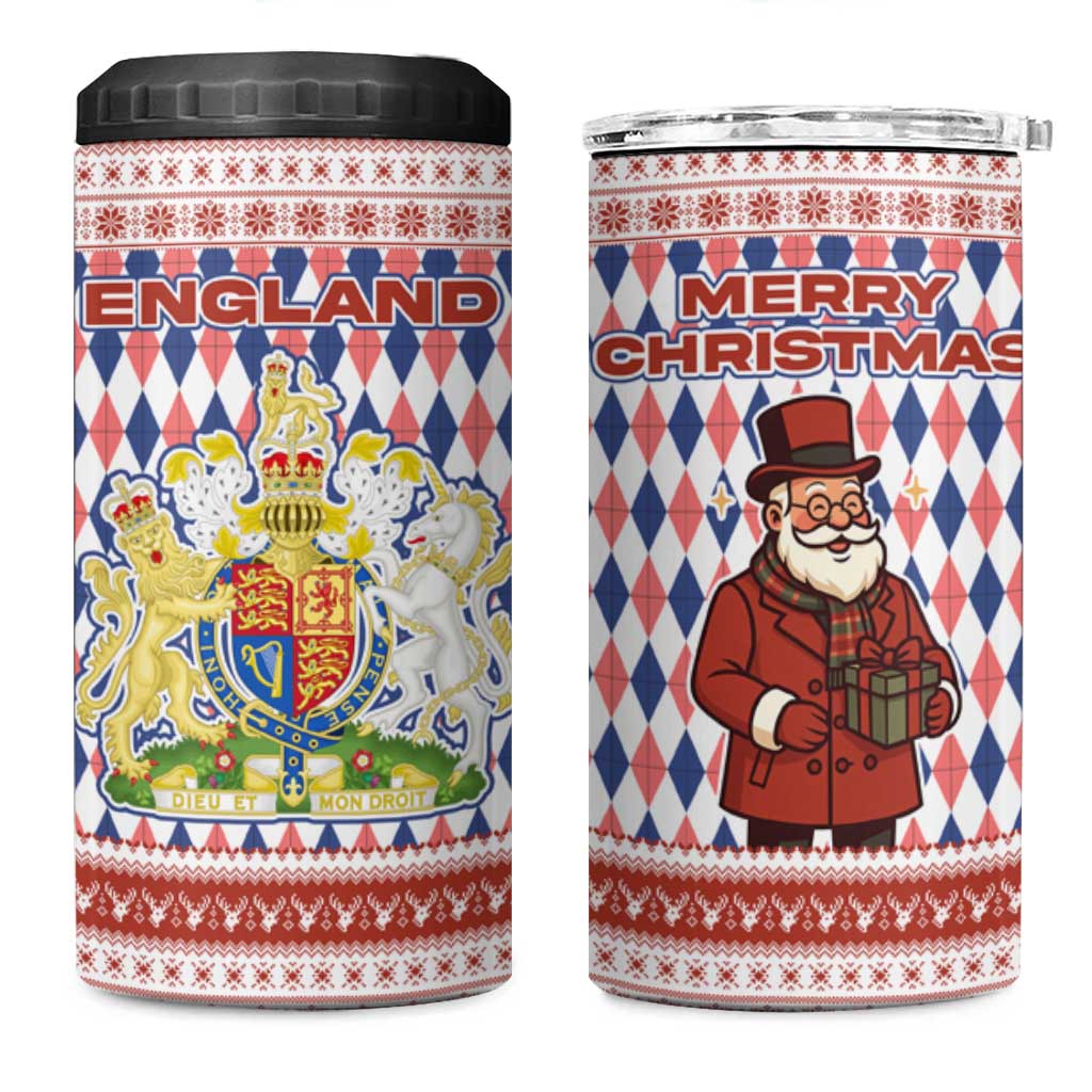 England Christmas 4 in 1 Can Cooler Tumbler with Red Blue White Diamond Pattern Santa and Coat of Arms - Wonder Print Shop
