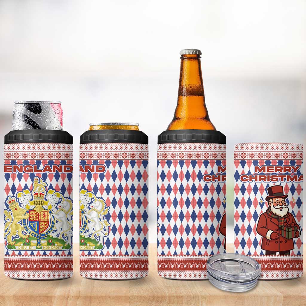 England Christmas 4 in 1 Can Cooler Tumbler with Red Blue White Diamond Pattern Santa and Coat of Arms - Wonder Print Shop