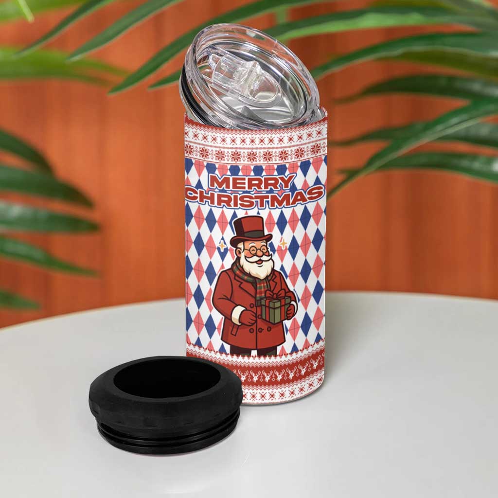 England Christmas 4 in 1 Can Cooler Tumbler with Red Blue White Diamond Pattern Santa and Coat of Arms - Wonder Print Shop