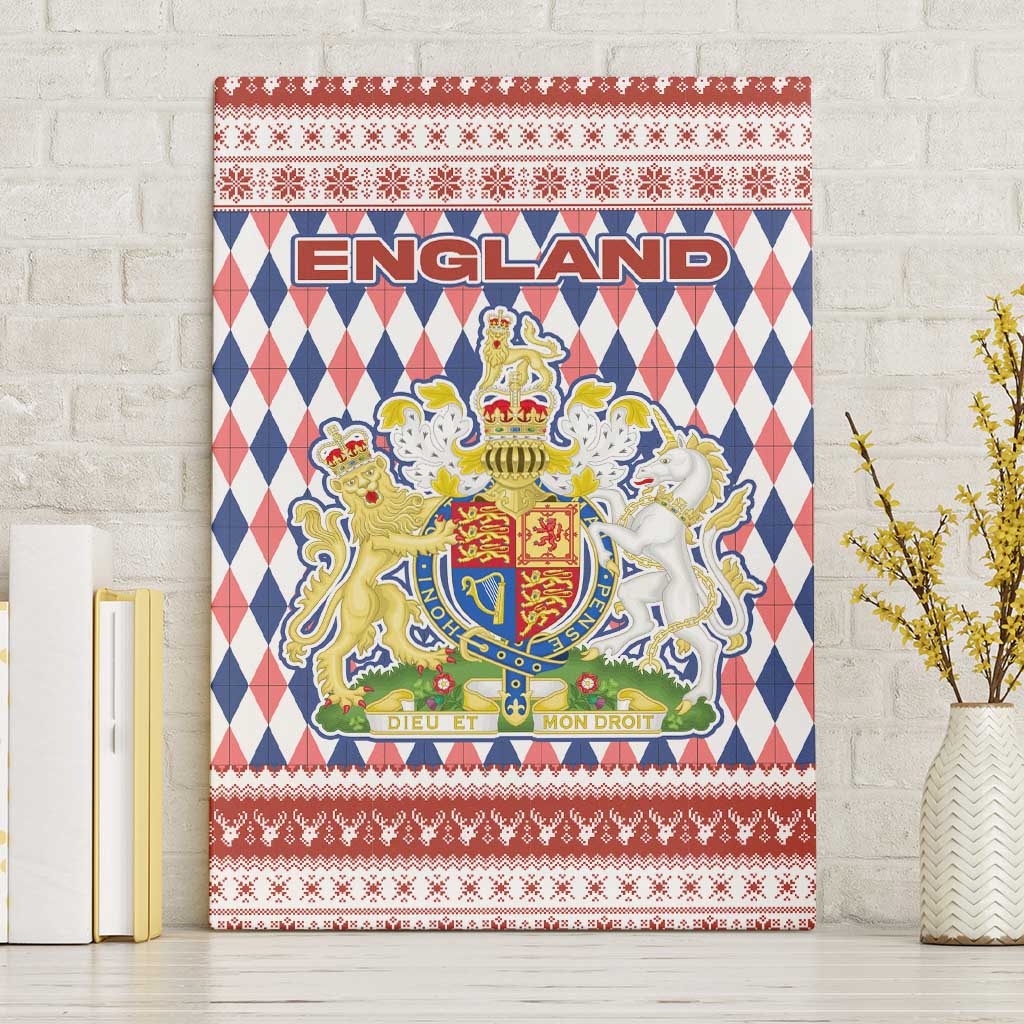 England Christmas Canvas Wall Art with Red Blue White Diamond Pattern Santa and Coat of Arms - Wonder Print Shop