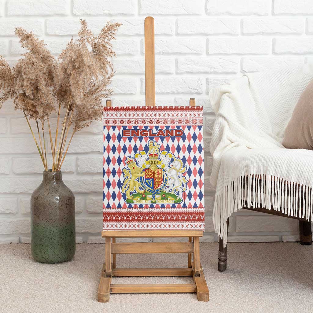 England Christmas Canvas Wall Art with Red Blue White Diamond Pattern Santa and Coat of Arms - Wonder Print Shop