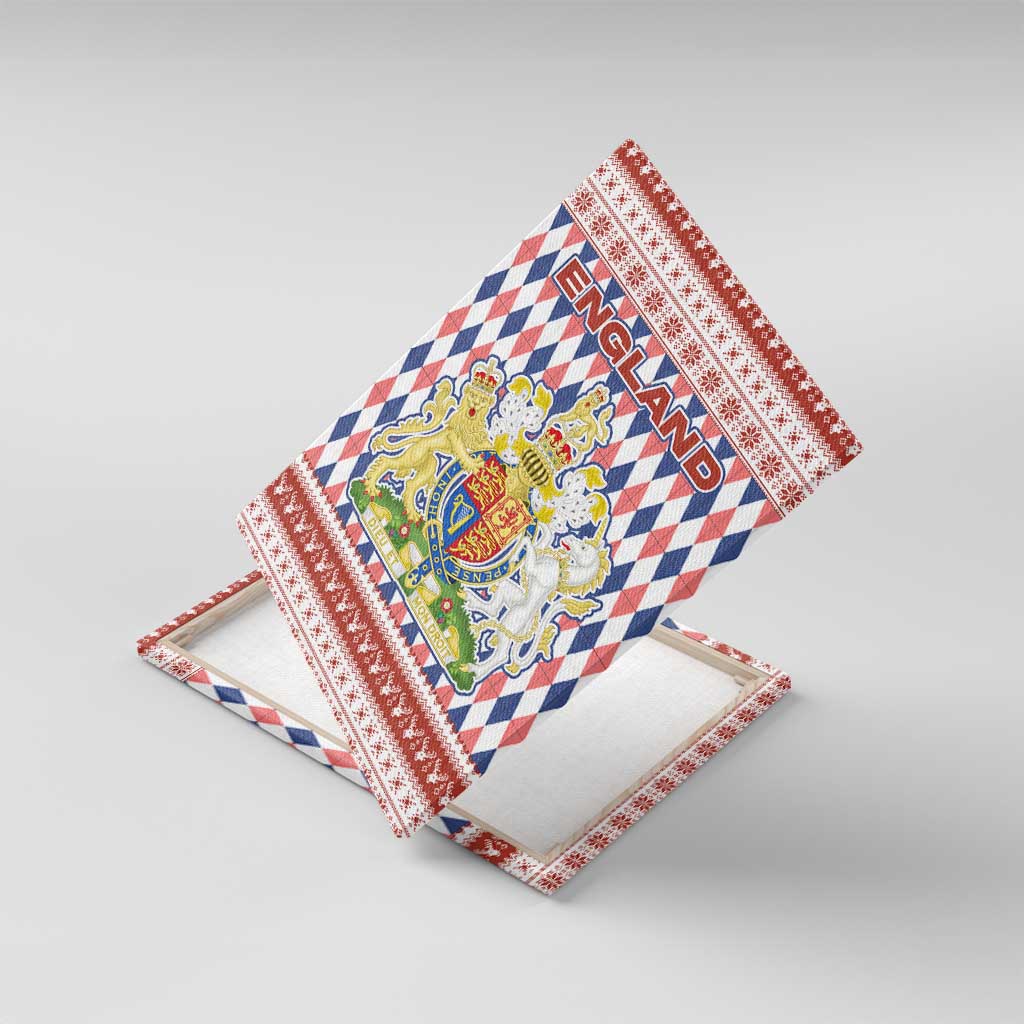 England Christmas Canvas Wall Art with Red Blue White Diamond Pattern Santa and Coat of Arms - Wonder Print Shop