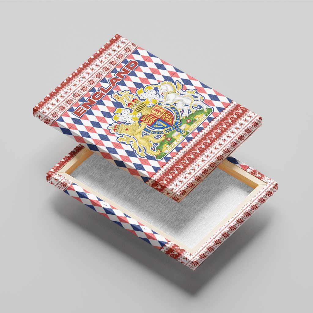 England Christmas Canvas Wall Art with Red Blue White Diamond Pattern Santa and Coat of Arms - Wonder Print Shop