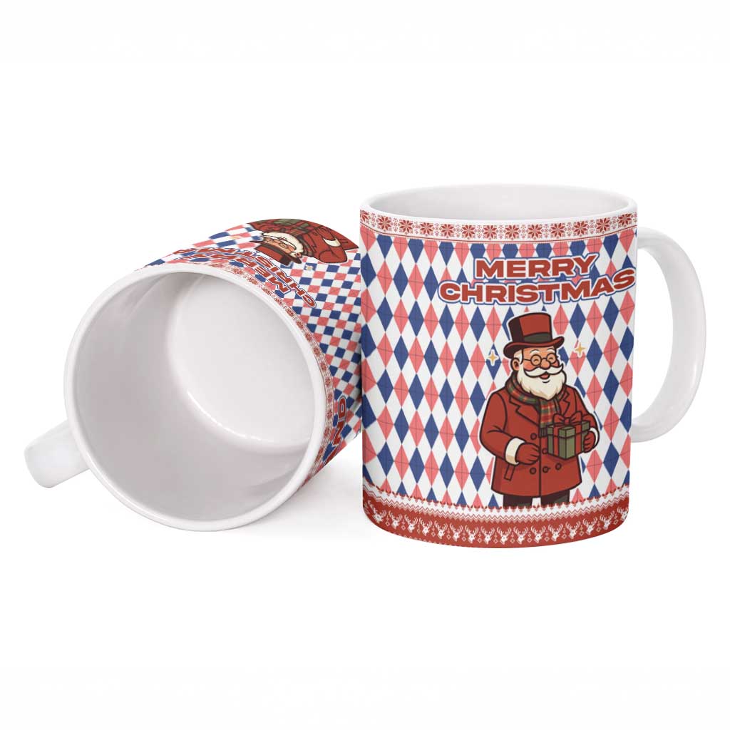 England Christmas Ceramic Mug with Red Blue White Diamond Pattern Santa and Coat of Arms - Wonder Print Shop