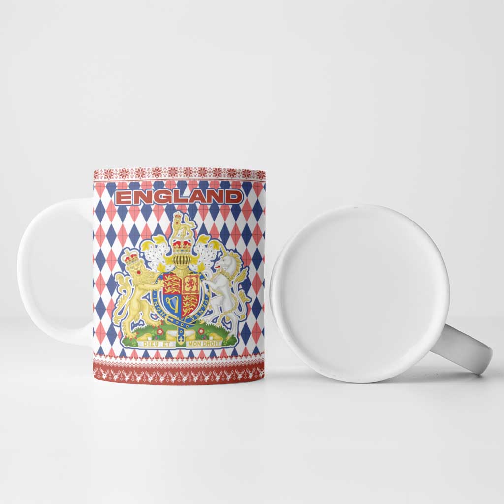 England Christmas Ceramic Mug with Red Blue White Diamond Pattern Santa and Coat of Arms - Wonder Print Shop