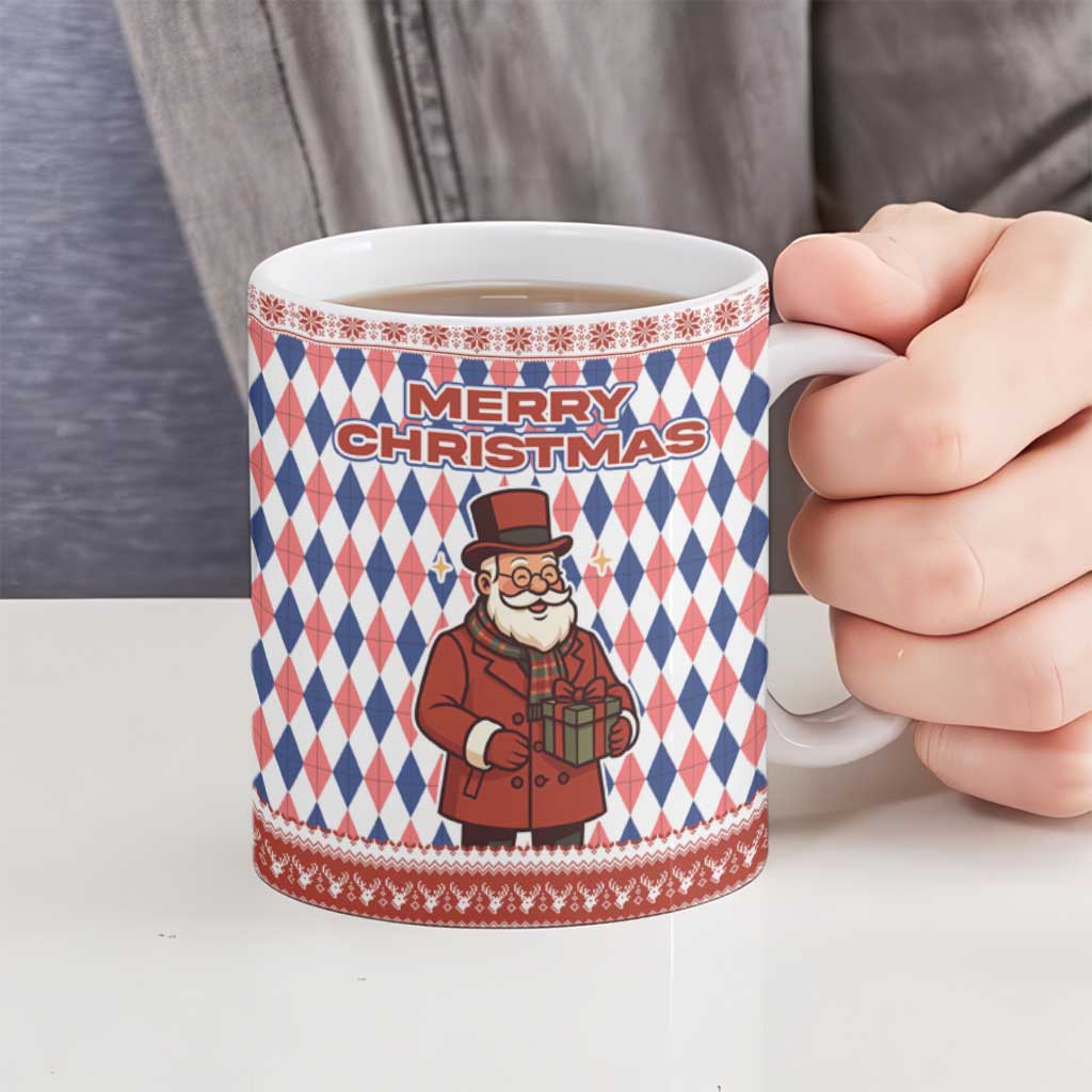 England Christmas Ceramic Mug with Red Blue White Diamond Pattern Santa and Coat of Arms - Wonder Print Shop