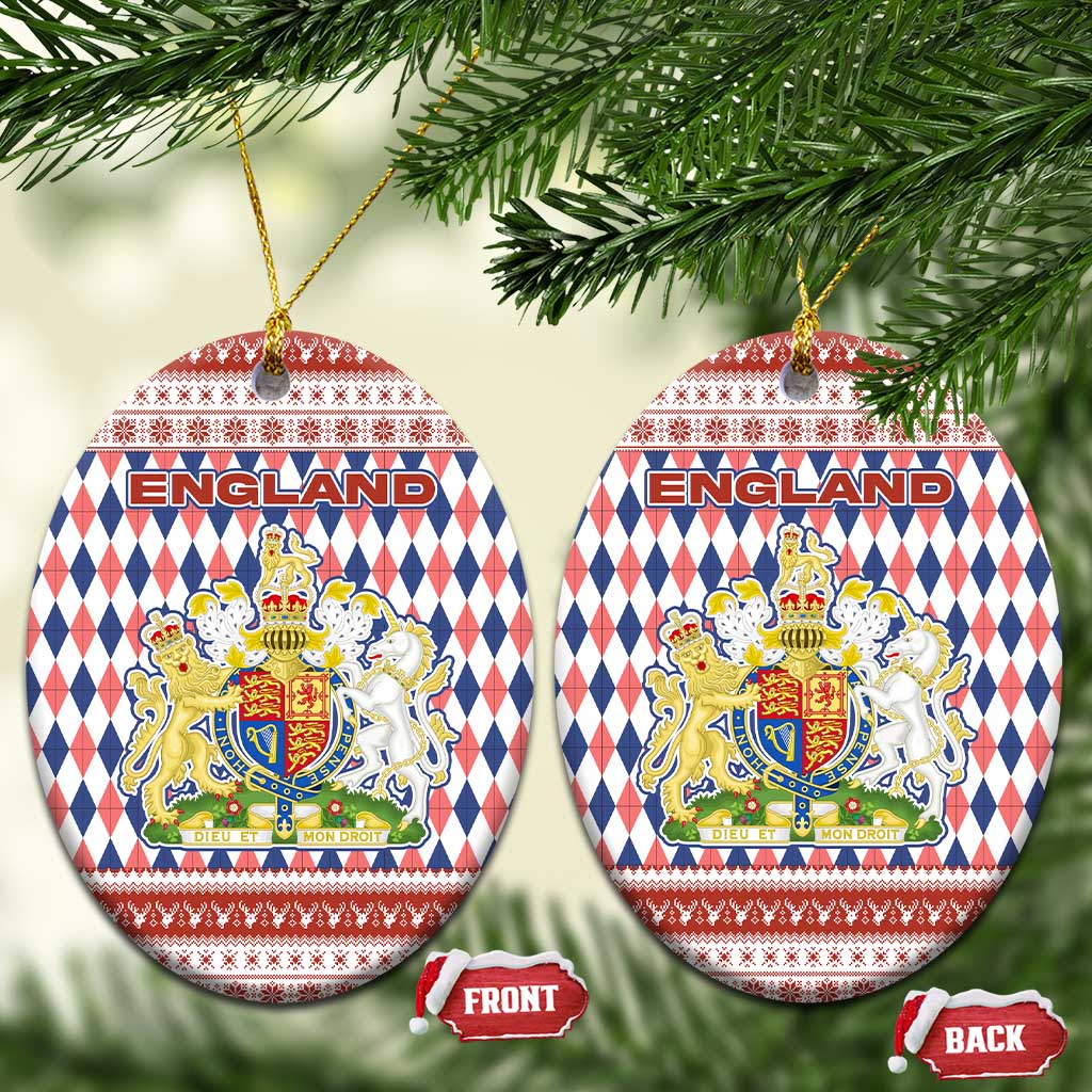 England Christmas Ceramic Ornament with Red Blue White Diamond Pattern Santa and Coat of Arms - Wonder Print Shop