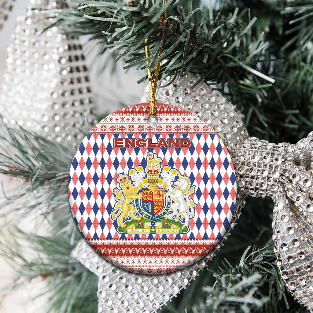 England Christmas Ceramic Ornament with Red Blue White Diamond Pattern Santa and Coat of Arms - Wonder Print Shop