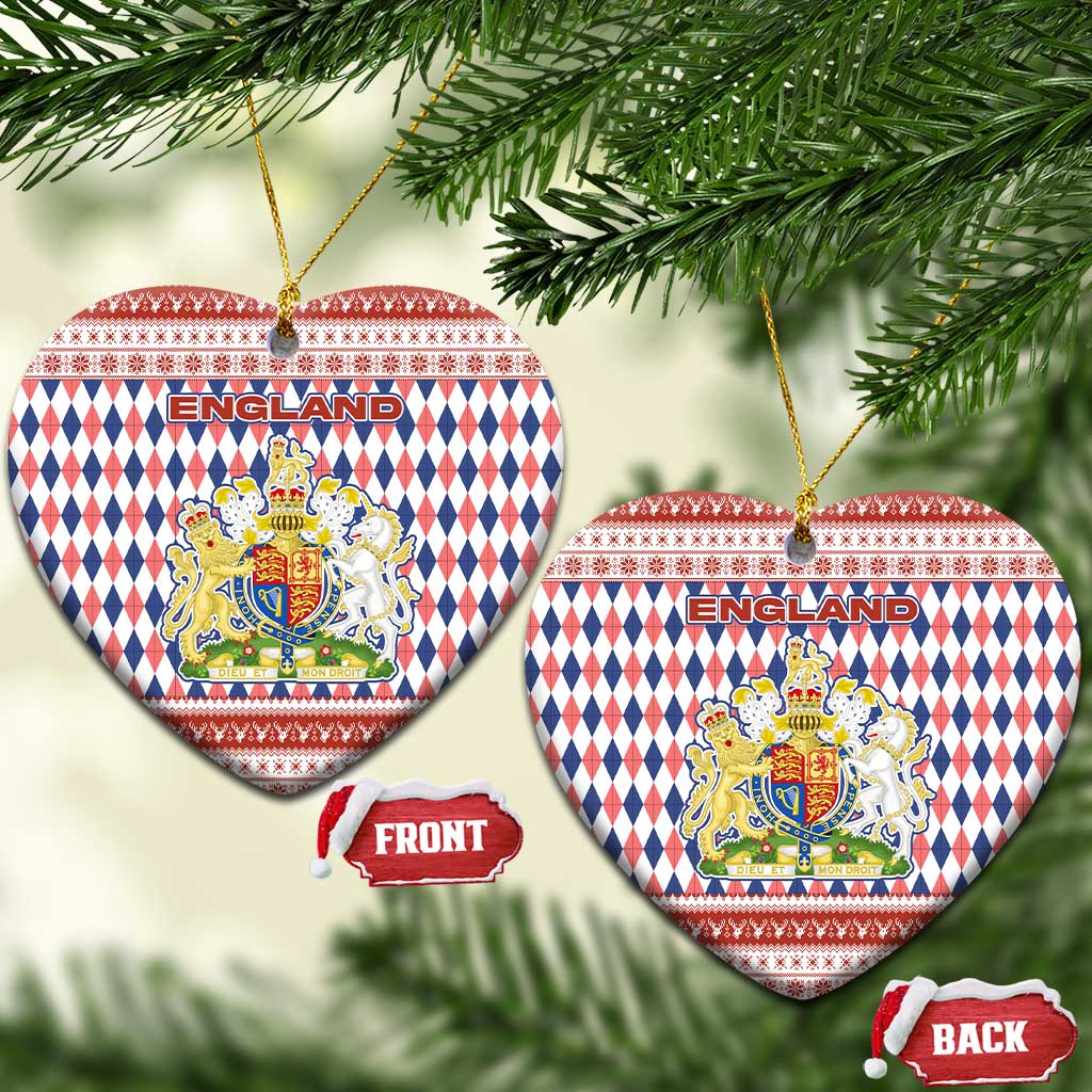 England Christmas Ceramic Ornament with Red Blue White Diamond Pattern Santa and Coat of Arms - Wonder Print Shop
