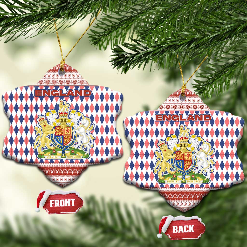 England Christmas Ceramic Ornament with Red Blue White Diamond Pattern Santa and Coat of Arms - Wonder Print Shop