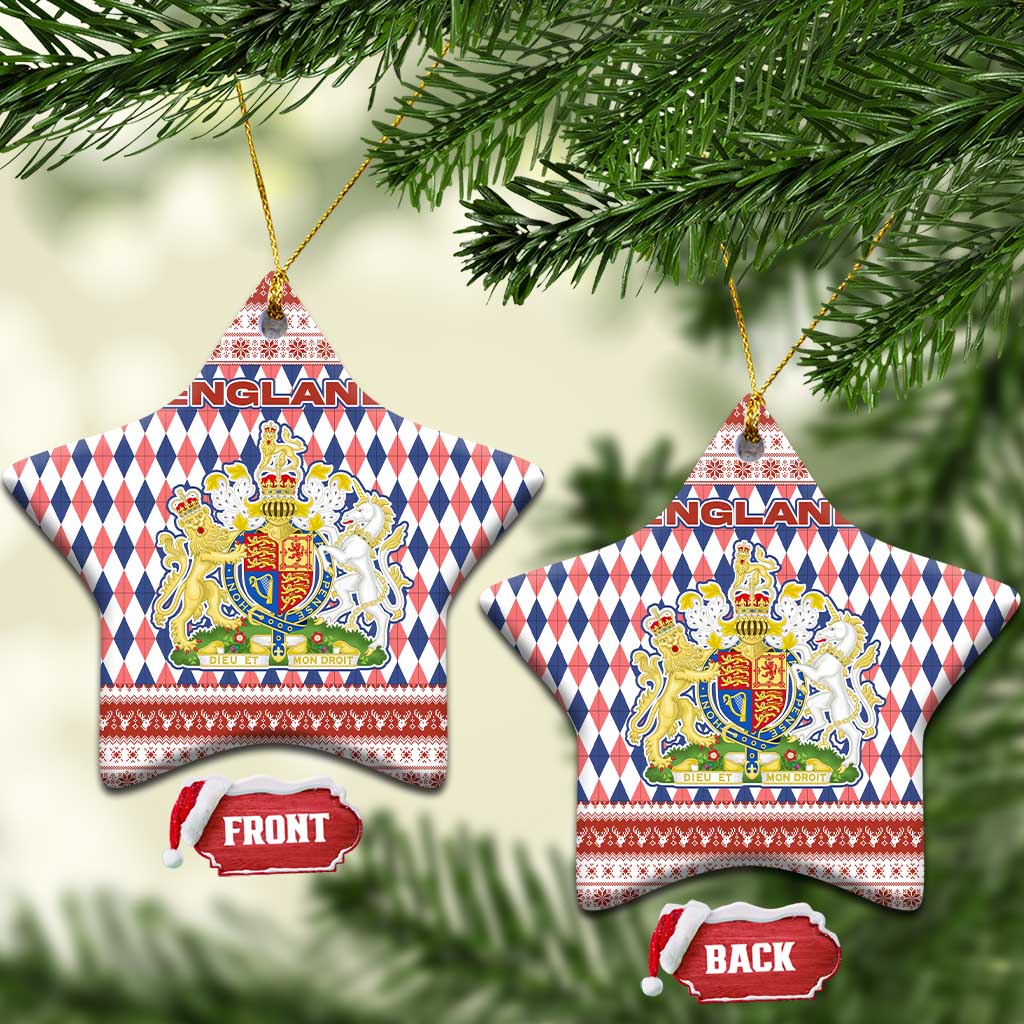England Christmas Ceramic Ornament with Red Blue White Diamond Pattern Santa and Coat of Arms - Wonder Print Shop