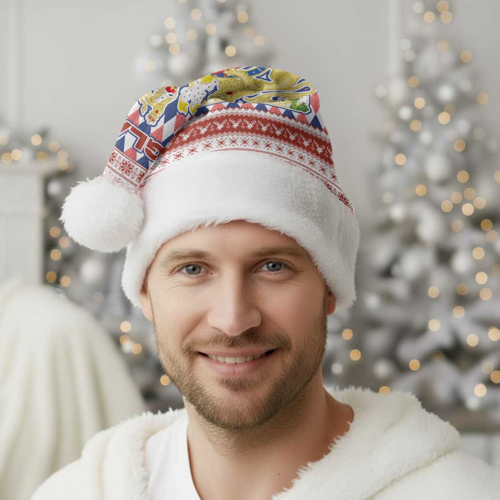 England Christmas Santa Hat with Red Blue White Diamond Pattern Santa and Coat of Arms - Wonder Print Shop