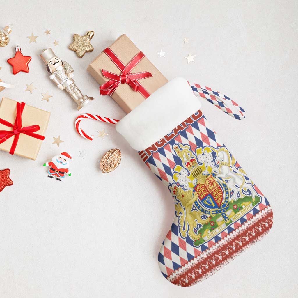 England Christmas Stocking with Red Blue White Diamond Pattern Santa and Coat of Arms - Wonder Print Shop