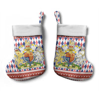 England Christmas Stocking with Red Blue White Diamond Pattern Santa and Coat of Arms - Wonder Print Shop
