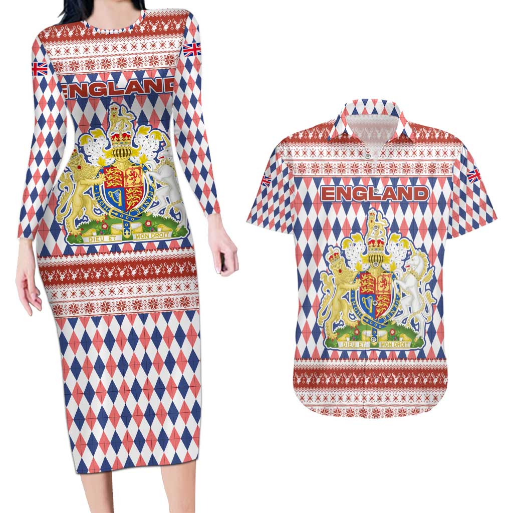 England Christmas Couples Matching Long Sleeve Bodycon Dress and Hawaiian Shirt with Red Blue White Diamond Pattern Santa and Coat of Arms - Wonder Print Shop