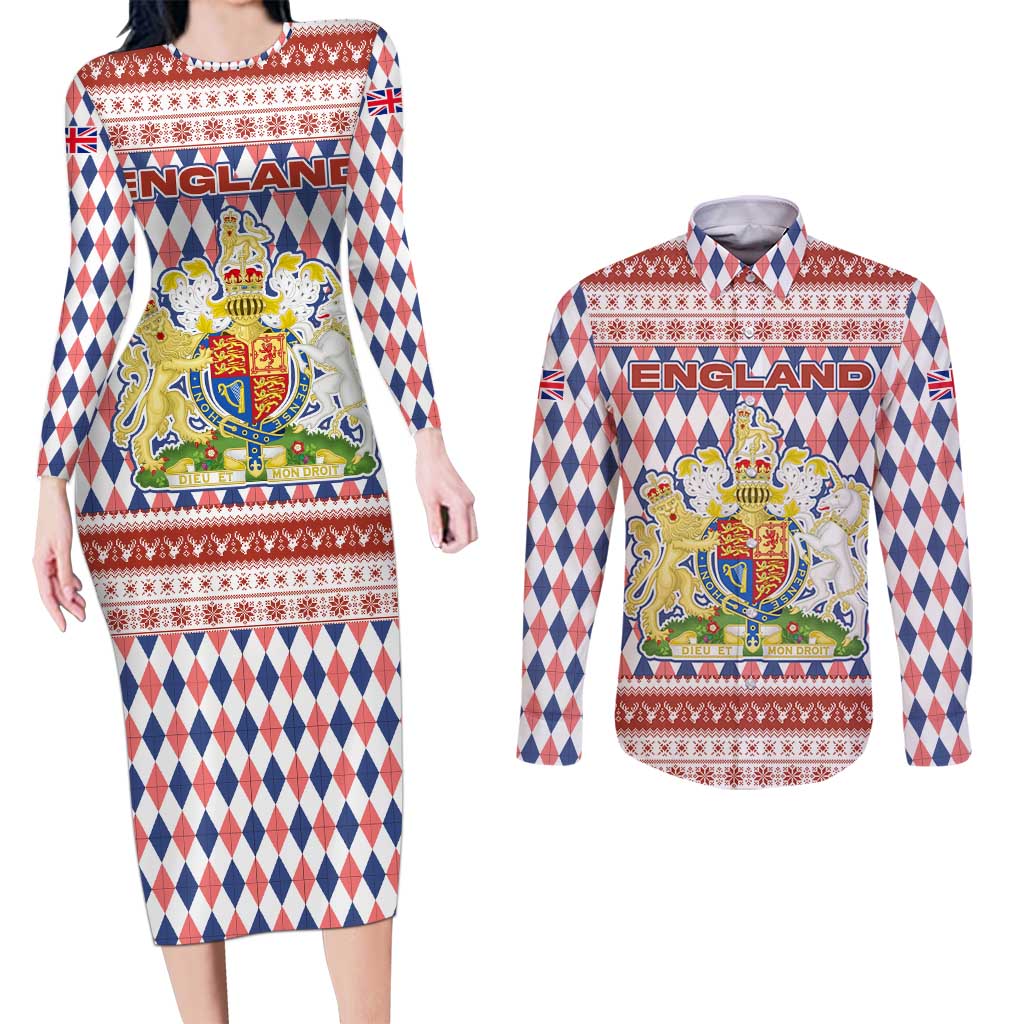 England Christmas Couples Matching Long Sleeve Bodycon Dress and Long Sleeve Button Shirt with Red Blue White Diamond Pattern Santa and Coat of Arms - Wonder Print Shop