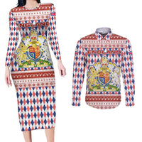 England Christmas Couples Matching Long Sleeve Bodycon Dress and Long Sleeve Button Shirt with Red Blue White Diamond Pattern Santa and Coat of Arms - Wonder Print Shop