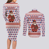 England Christmas Couples Matching Long Sleeve Bodycon Dress and Long Sleeve Button Shirt with Red Blue White Diamond Pattern Santa and Coat of Arms - Wonder Print Shop