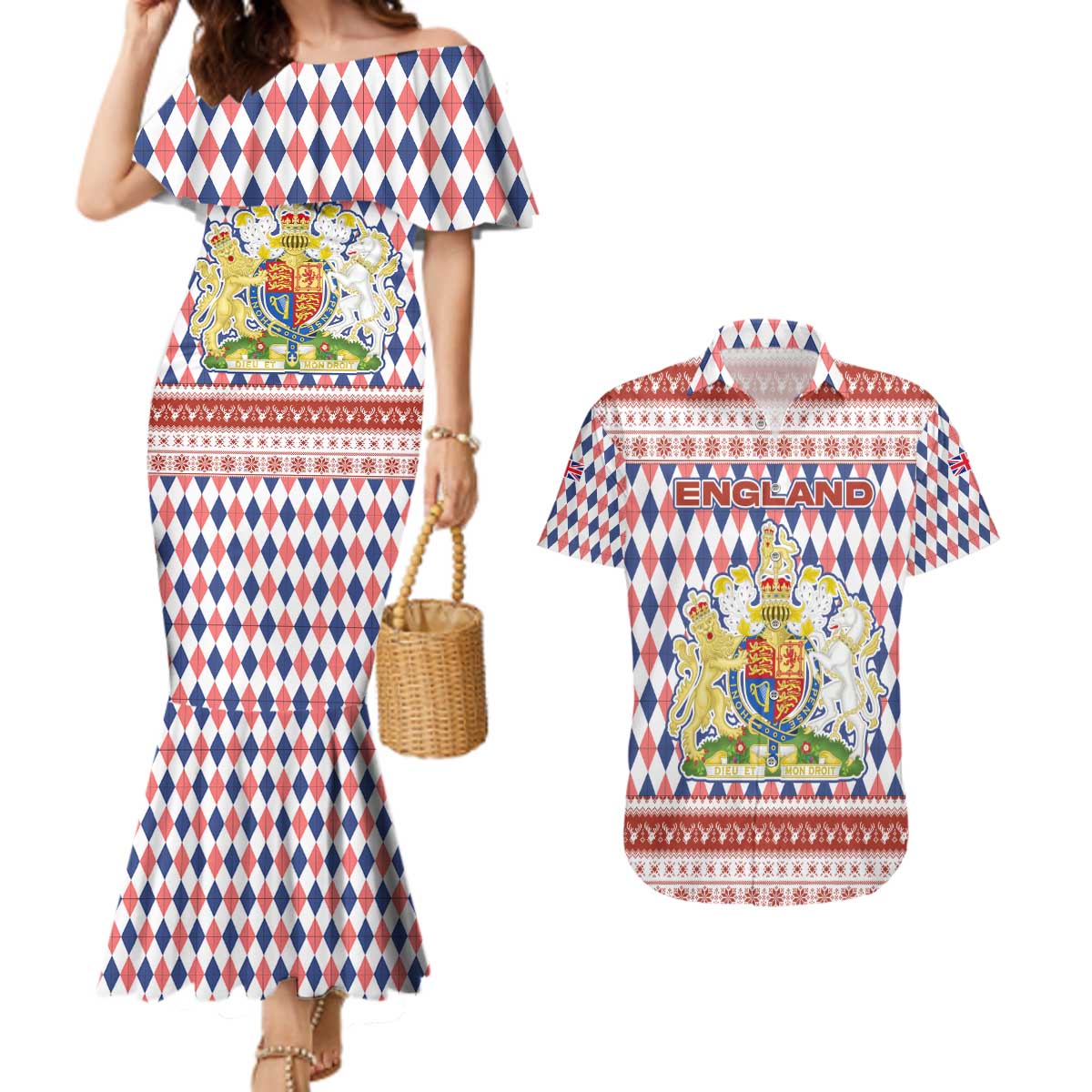 England Christmas Couples Matching Mermaid Dress and Hawaiian Shirt with Red Blue White Diamond Pattern Santa and Coat of Arms - Wonder Print Shop