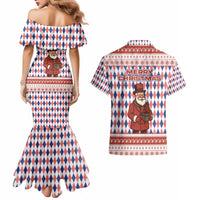 England Christmas Couples Matching Mermaid Dress and Hawaiian Shirt with Red Blue White Diamond Pattern Santa and Coat of Arms - Wonder Print Shop