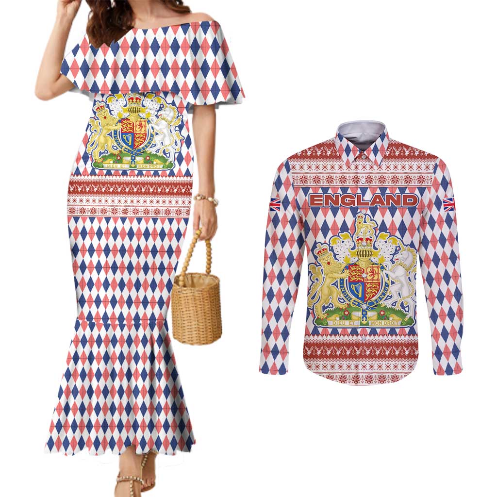 England Christmas Couples Matching Mermaid Dress and Long Sleeve Button Shirt with Red Blue White Diamond Pattern Santa and Coat of Arms - Wonder Print Shop