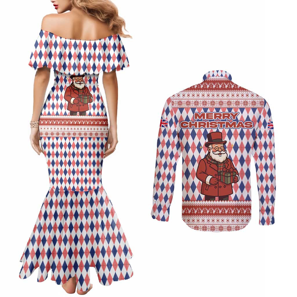England Christmas Couples Matching Mermaid Dress and Long Sleeve Button Shirt with Red Blue White Diamond Pattern Santa and Coat of Arms - Wonder Print Shop