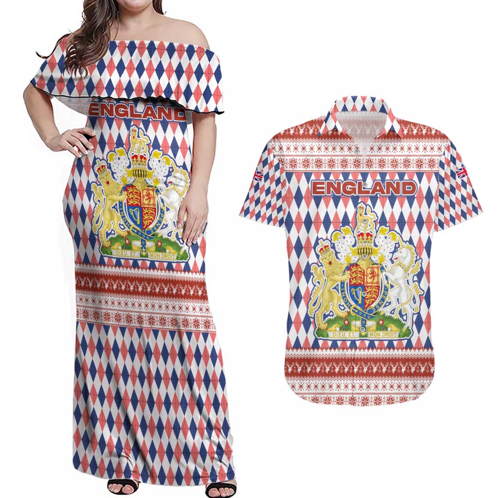 England Christmas Couples Matching Off Shoulder Maxi Dress and Hawaiian Shirt with Red Blue White Diamond Pattern Santa and Coat of Arms - Wonder Print Shop
