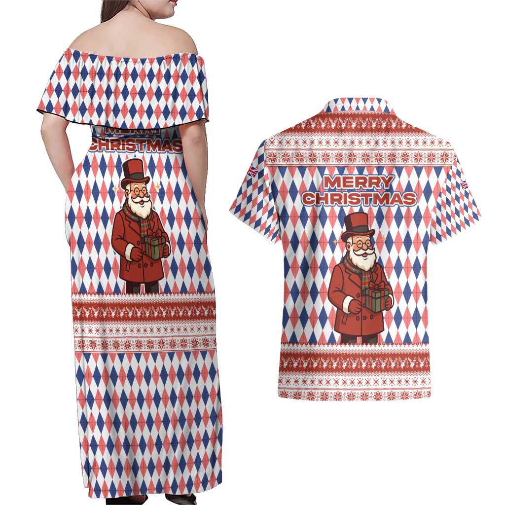 England Christmas Couples Matching Off Shoulder Maxi Dress and Hawaiian Shirt with Red Blue White Diamond Pattern Santa and Coat of Arms - Wonder Print Shop