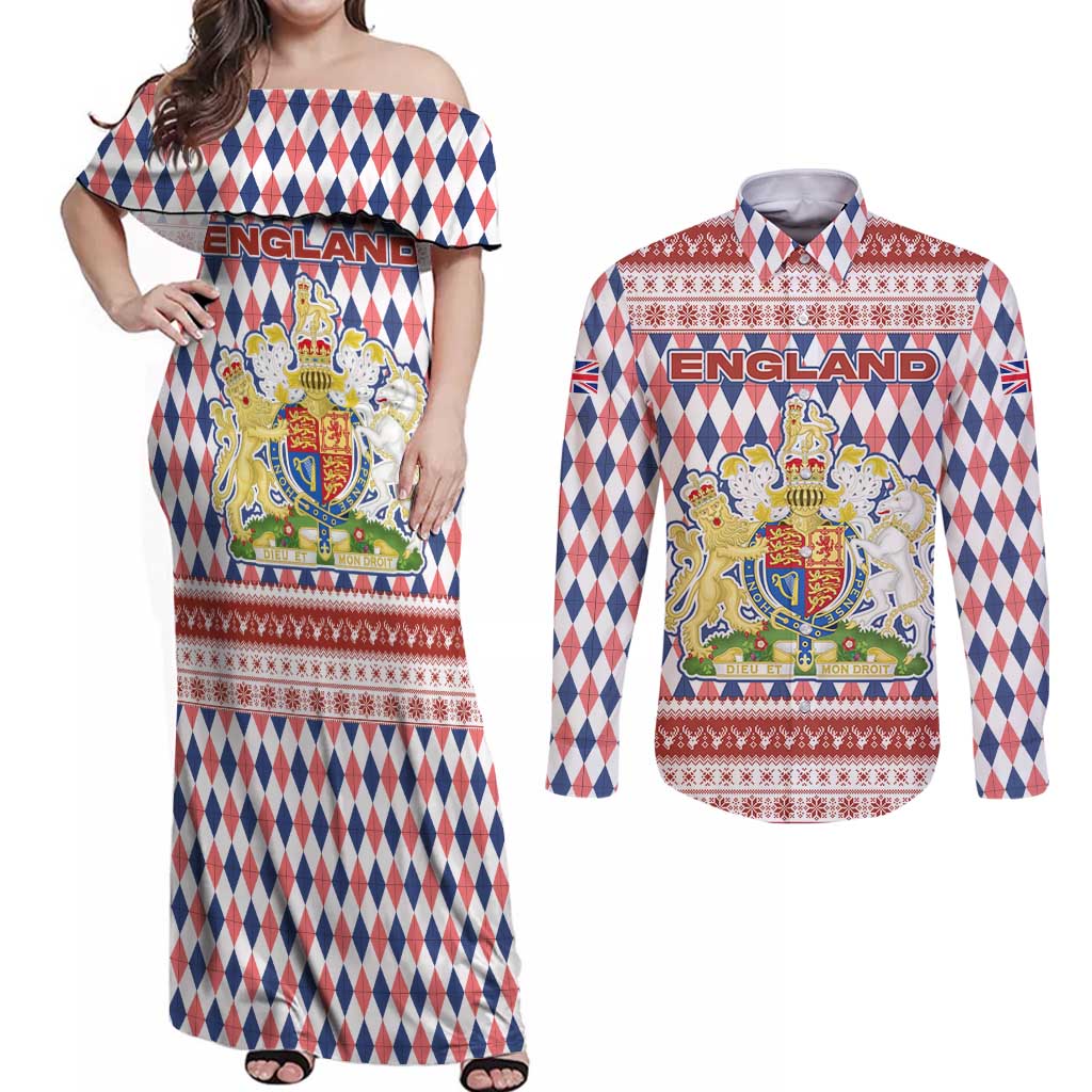 England Christmas Couples Matching Off Shoulder Maxi Dress and Long Sleeve Button Shirt with Red Blue White Diamond Pattern Santa and Coat of Arms - Wonder Print Shop