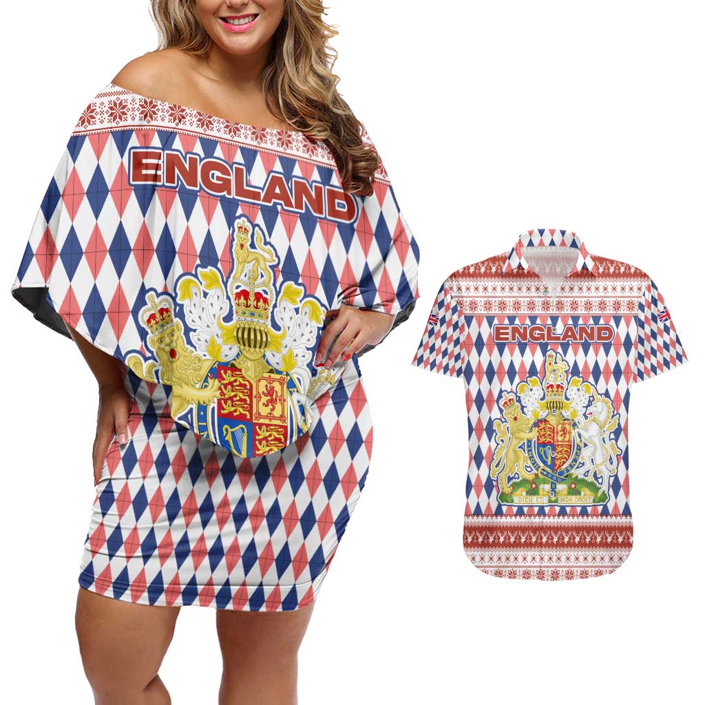 England Christmas Couples Matching Off Shoulder Short Dress and Hawaiian Shirt with Red Blue White Diamond Pattern Santa and Coat of Arms - Wonder Print Shop