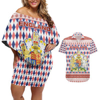 England Christmas Couples Matching Off Shoulder Short Dress and Hawaiian Shirt with Red Blue White Diamond Pattern Santa and Coat of Arms - Wonder Print Shop