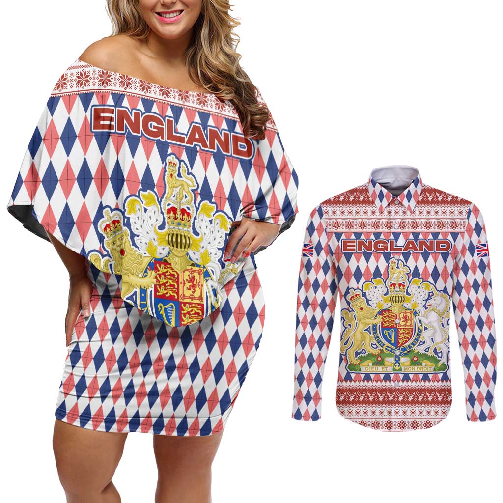 England Christmas Couples Matching Off Shoulder Short Dress and Long Sleeve Button Shirt with Red Blue White Diamond Pattern Santa and Coat of Arms - Wonder Print Shop