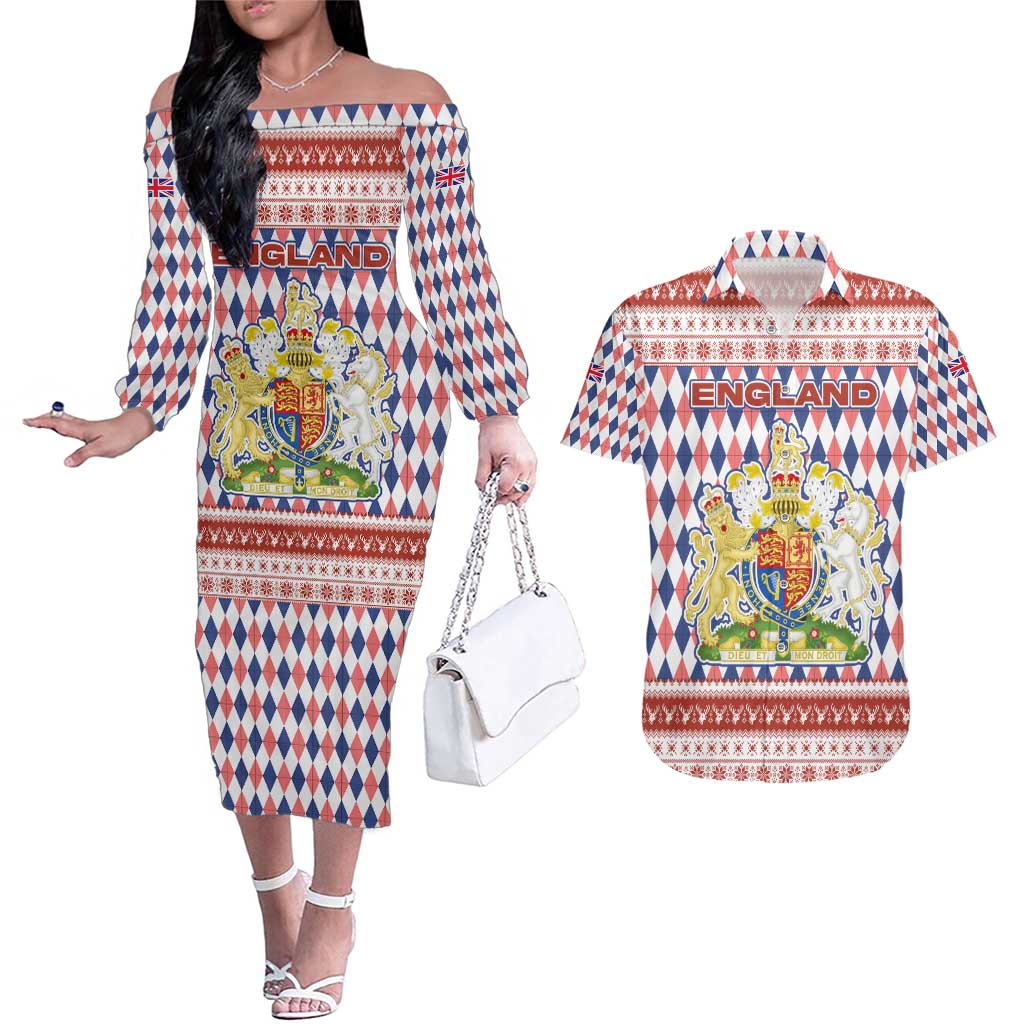 England Christmas Couples Matching Off The Shoulder Long Sleeve Dress and Hawaiian Shirt with Red Blue White Diamond Pattern Santa and Coat of Arms - Wonder Print Shop